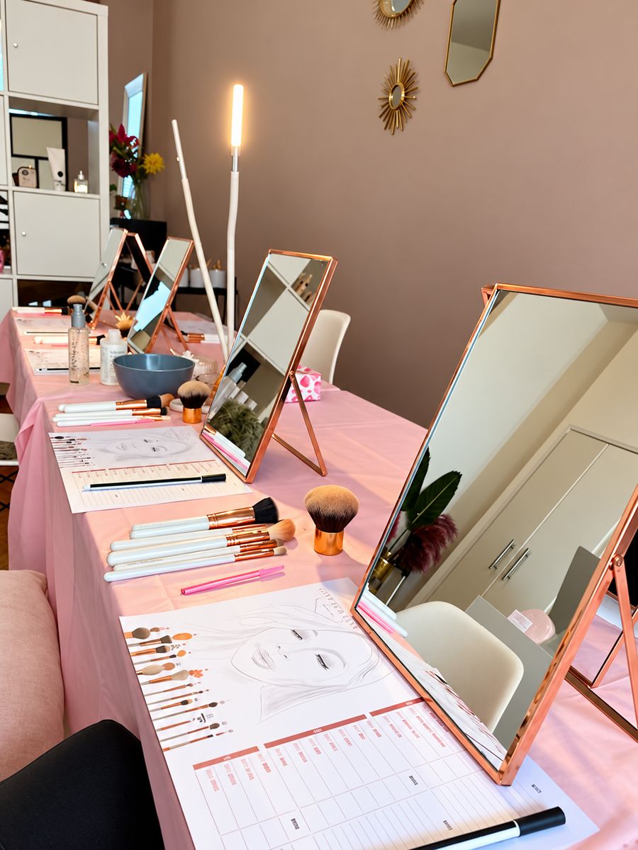 Gedekte tafel met spiegels, kwasten en werkbladen voor een make-up workshop